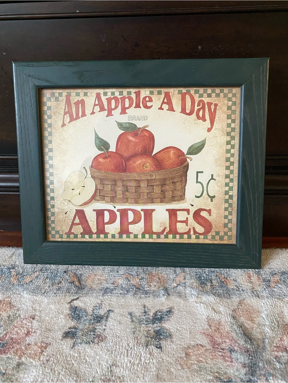 Vintage An Apple A Day Apples Farm Style Wall Art - Green Frame 12”x 11”